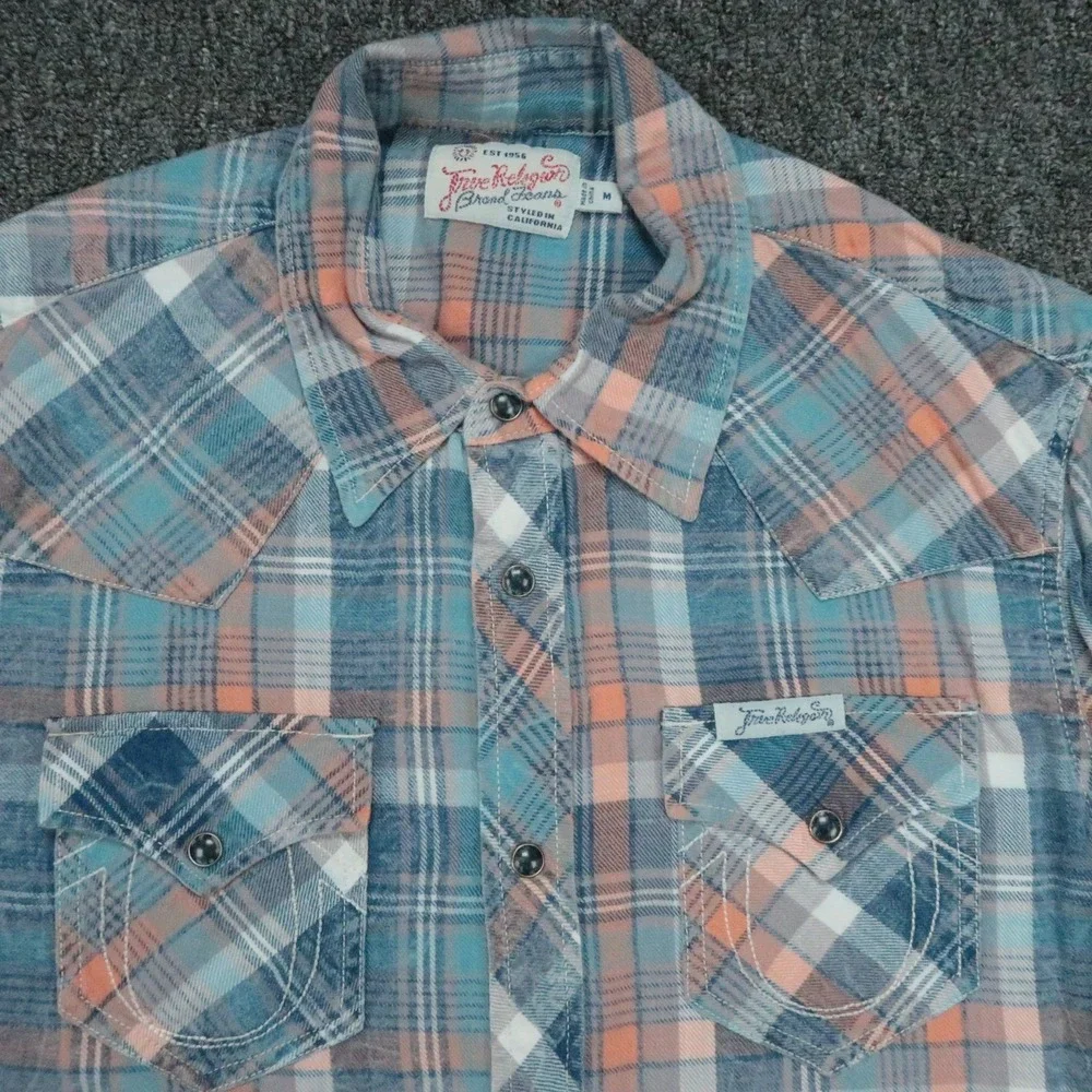 True Religion Shirt Mens Medium Blue Plaid Pearl Snap Western Long Sleeve Plaid